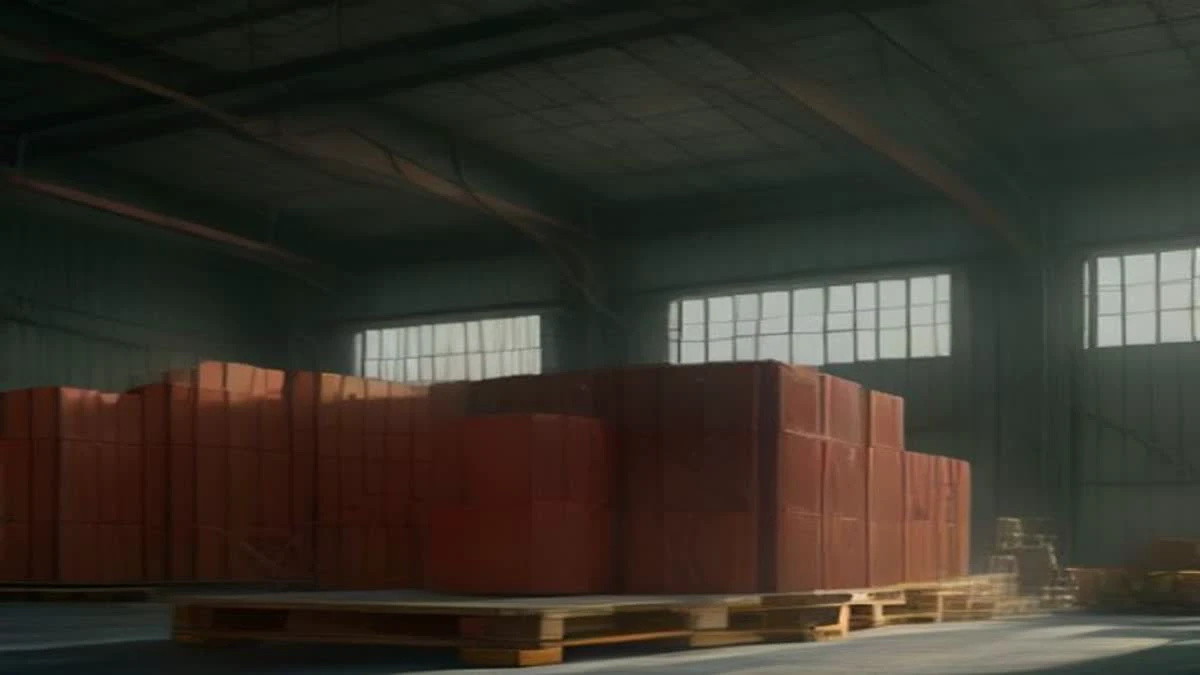 Pallet of new mining machines in a bright logistics hall under cool even light, wide establishing view